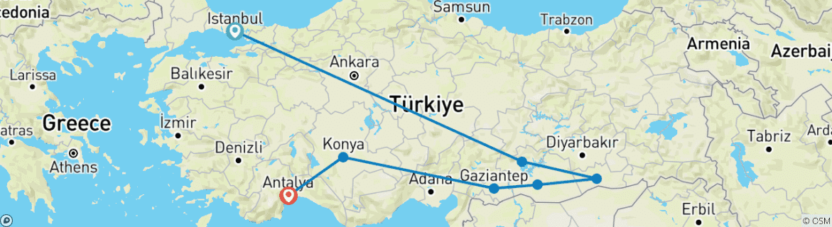 Image of a map showing the route of the tour