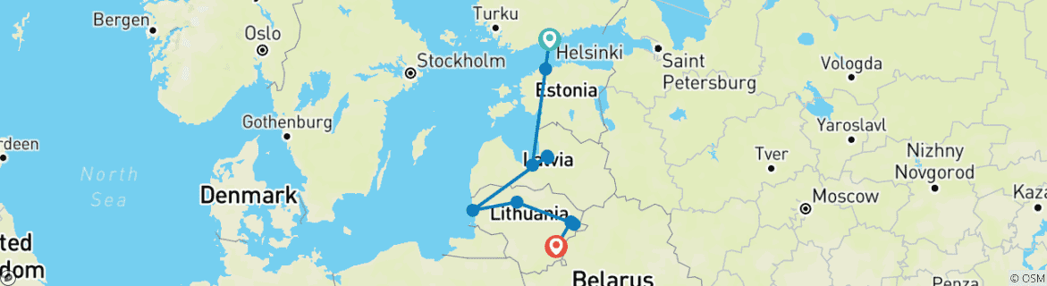 Image of a map showing the route of the tour