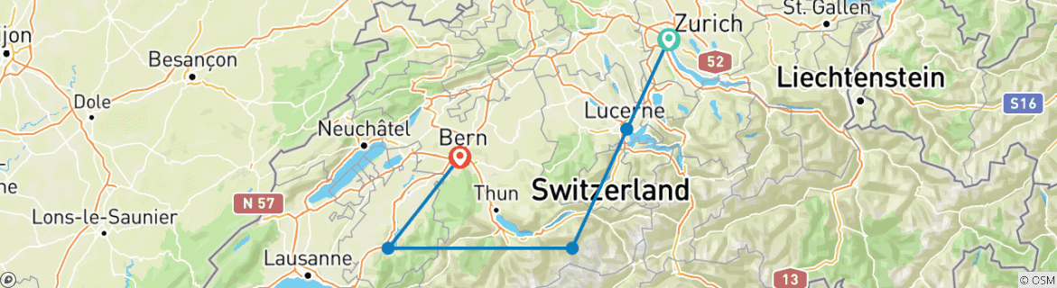 Image of a map showing the route of the tour