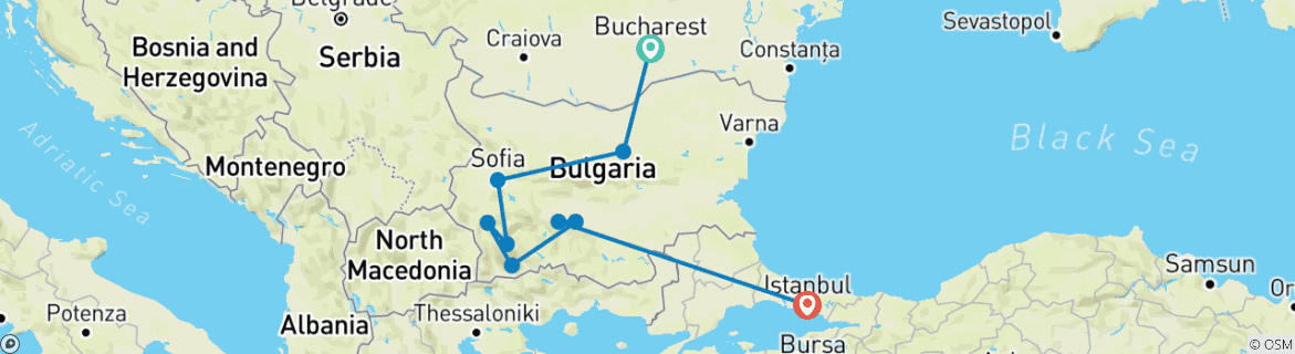 Image of a map showing the route of the tour