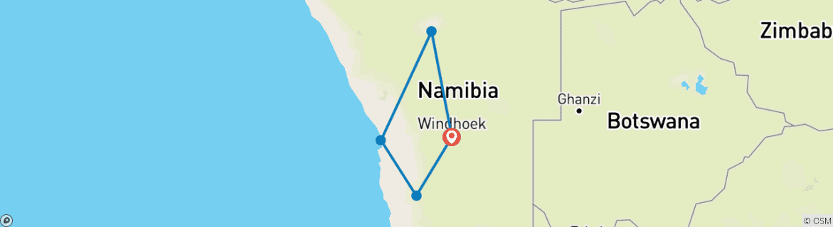 Image of a map showing the route of the tour