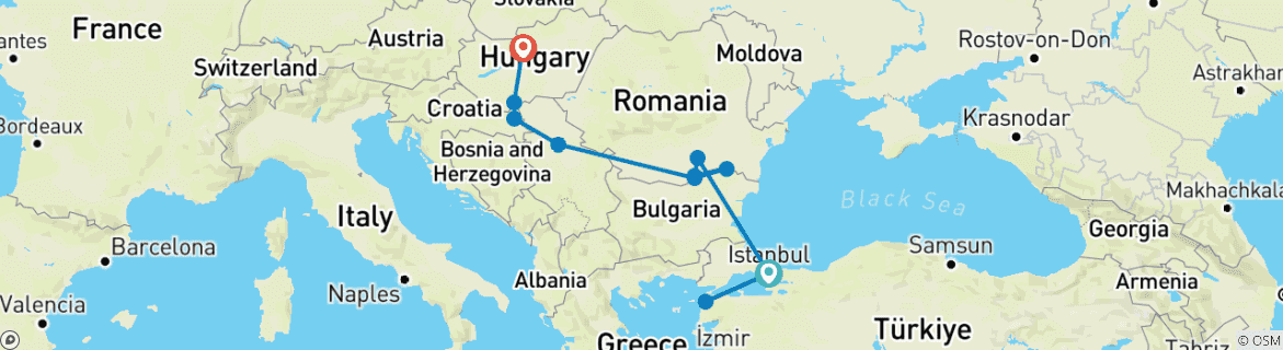 Image of a map showing the route of the tour