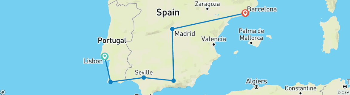Image of a map showing the route of the tour