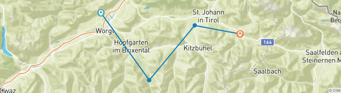 Image of a map showing the route of the tour