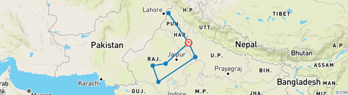 Image of a map showing the route of the tour