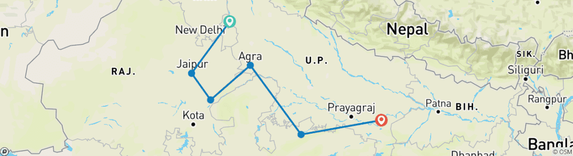 Image of a map showing the route of the tour