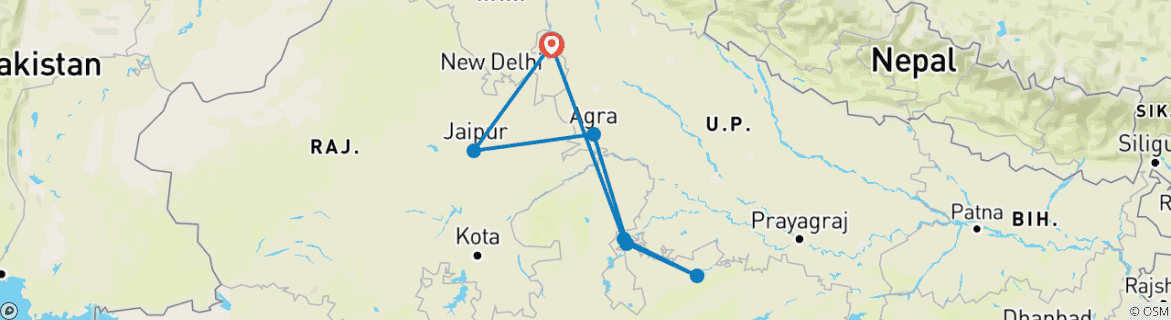 Carte du circuit 10 jours - Circuit du Triangle d'Or avec Orchha Khajuraho