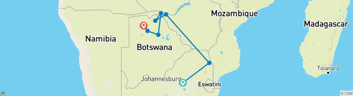 Image of a map showing the route of the tour