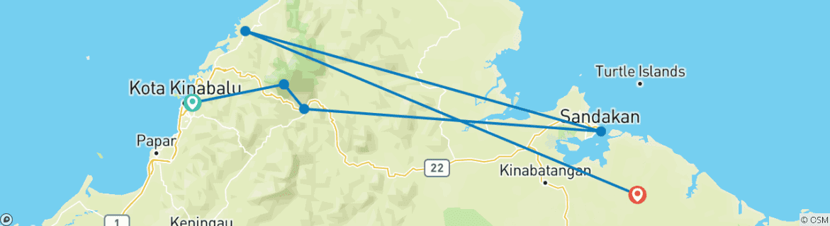 Image of a map showing the route of the tour