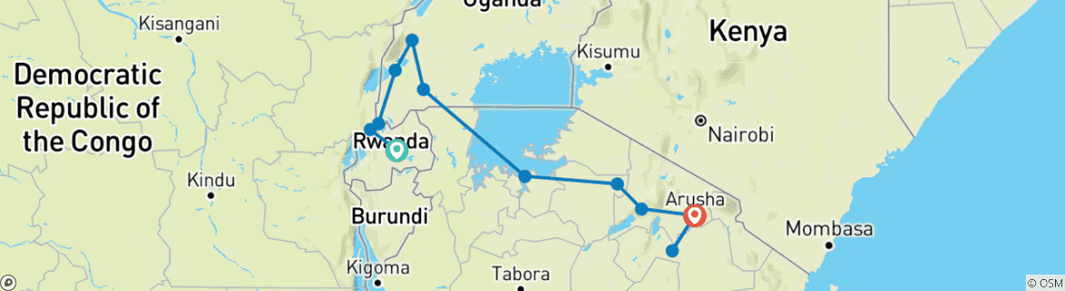 Image of a map showing the route of the tour