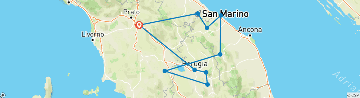 Image of a map showing the route of the tour