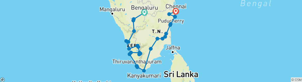 Mapa de Gran Recorrido por el Sur de la India