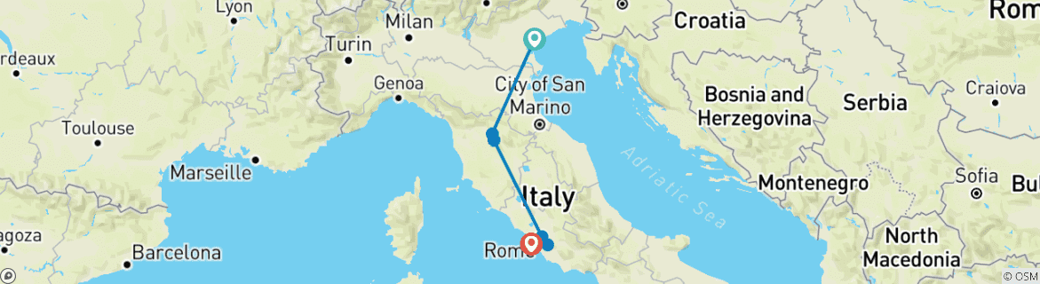 Image of a map showing the route of the tour