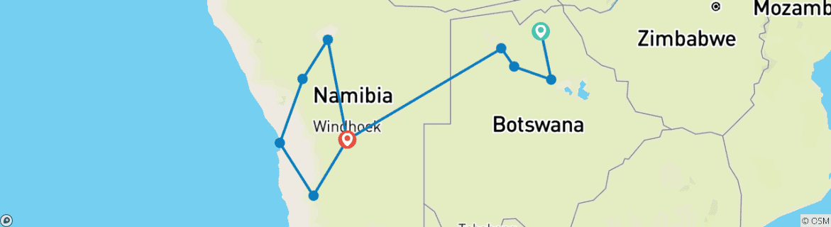 Image of a map showing the route of the tour