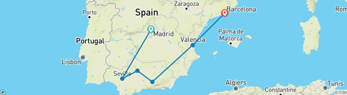 Image of a map showing the route of the tour