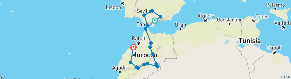 Image of a map showing the route of the tour