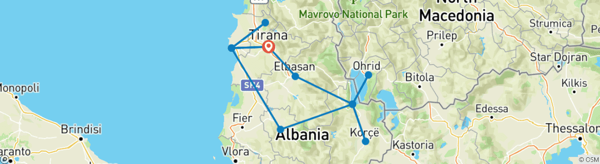 Image of a map showing the route of the tour