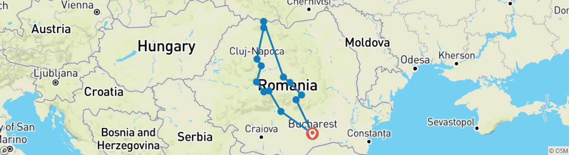 Image of a map showing the route of the tour