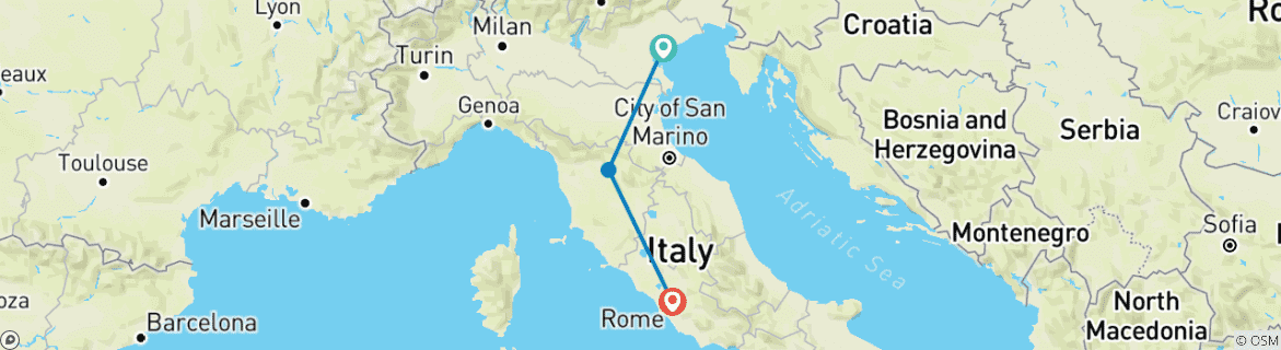 Image of a map showing the route of the tour