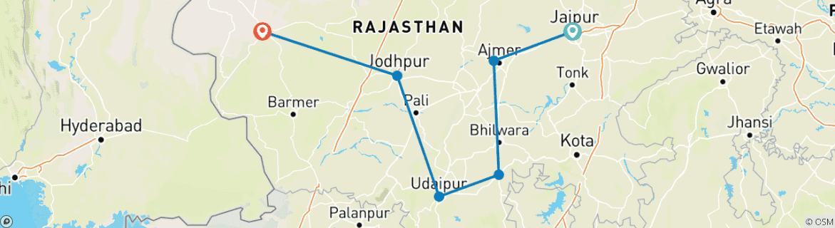 Image of a map showing the route of the tour