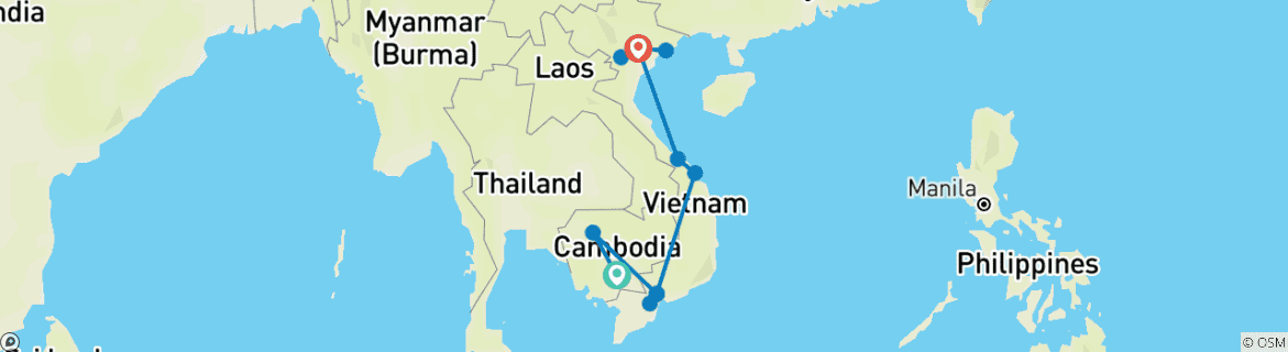 Image of a map showing the route of the tour