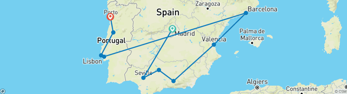 Image of a map showing the route of the tour