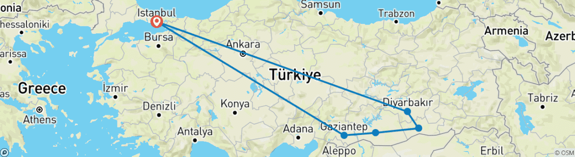 Image of a map showing the route of the tour