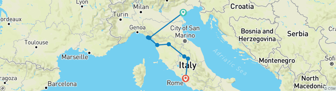 Image of a map showing the route of the tour