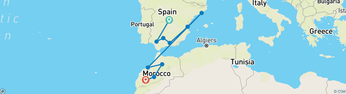 Image of a map showing the route of the tour