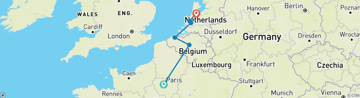 Image of a map showing the route of the tour