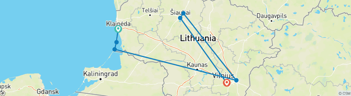Image of a map showing the route of the tour