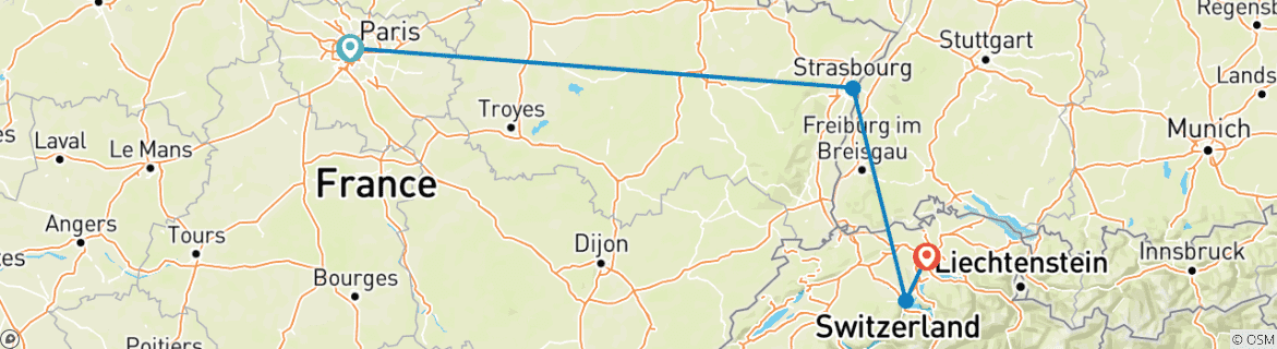 Image of a map showing the route of the tour