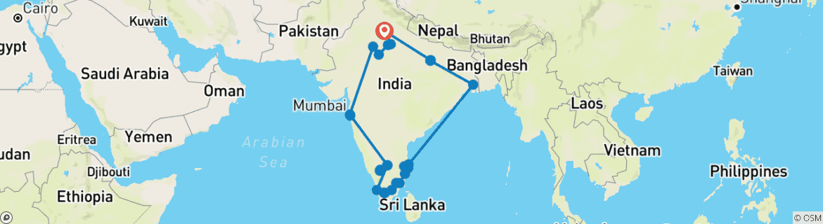 Image of a map showing the route of the tour