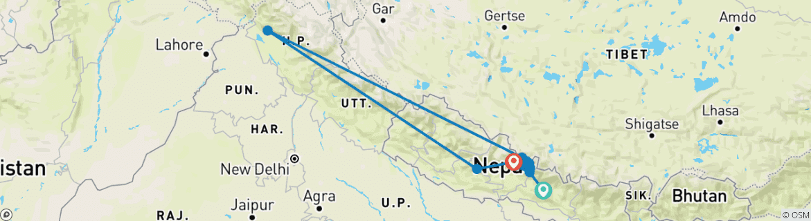Image of a map showing the route of the tour
