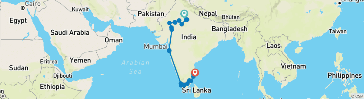 Image of a map showing the route of the tour