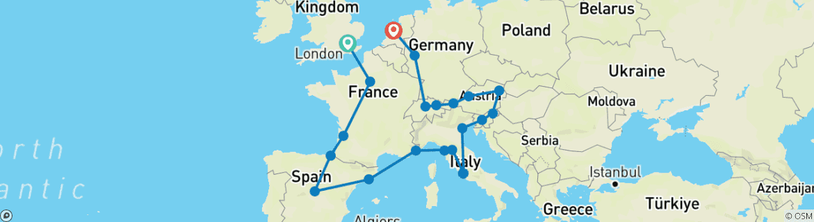 Image of a map showing the route of the tour