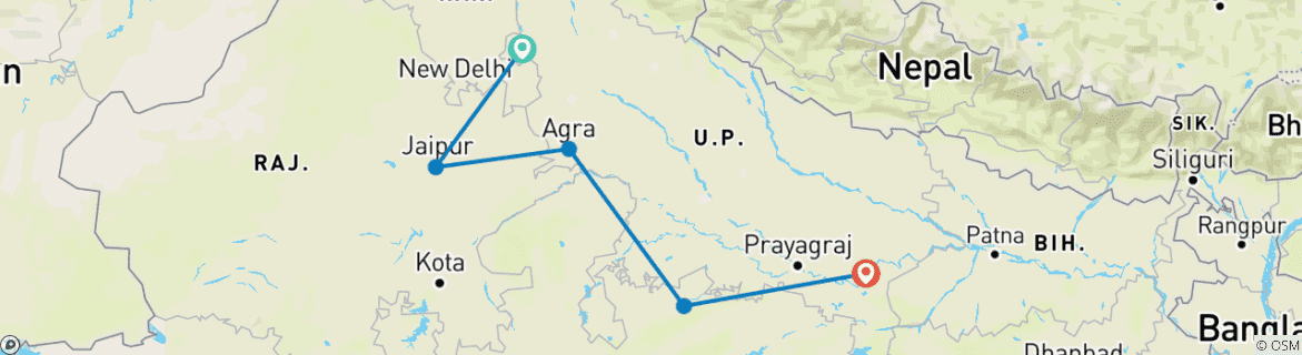 Carte du circuit 10 jours Delhi Jaipur Agra Khajuraho Varanasi Tour