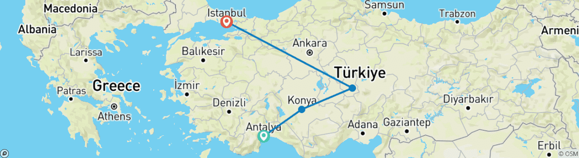 Image of a map showing the route of the tour