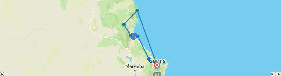 Carte du circuit Cairns à Port Douglas, forêt tropicale de Daintree et Cape Tribulation - Circuit confortable de 3 jours