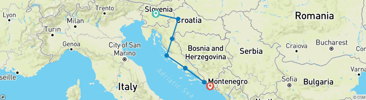Image of a map showing the route of the tour