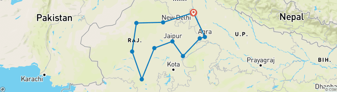 Image of a map showing the route of the tour