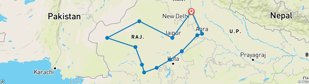 Image of a map showing the route of the tour