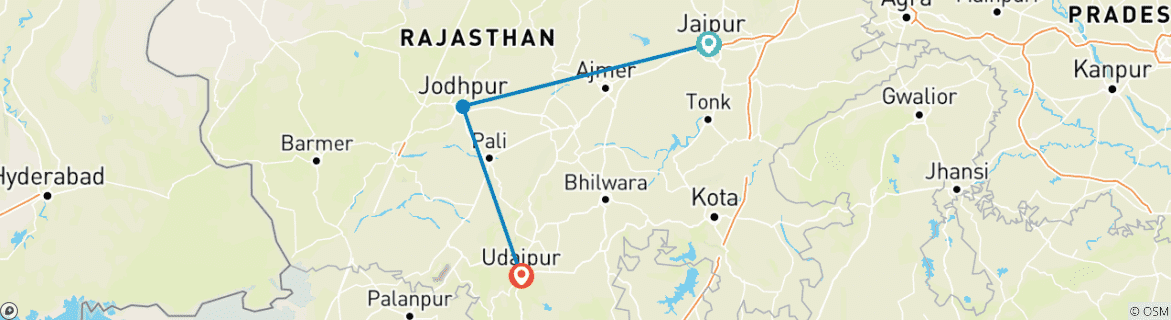 Image of a map showing the route of the tour