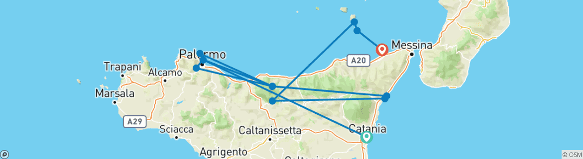 Image of a map showing the route of the tour