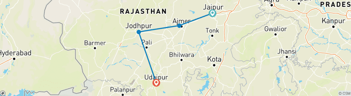Image of a map showing the route of the tour