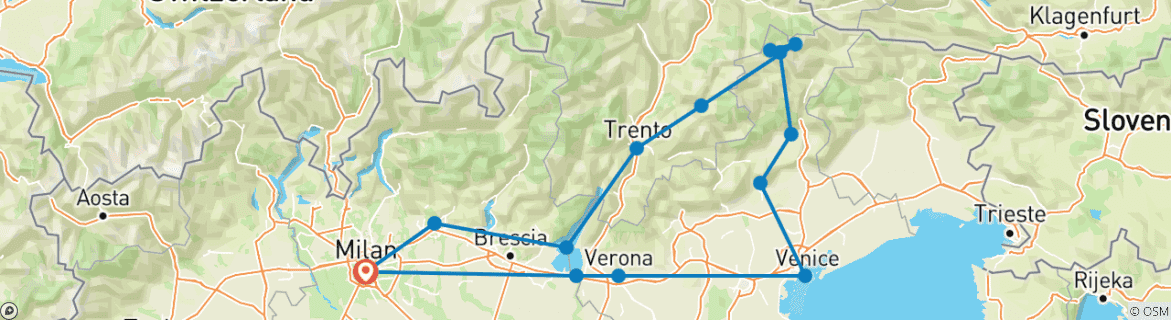 Image of a map showing the route of the tour