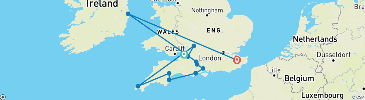 Image of a map showing the route of the tour