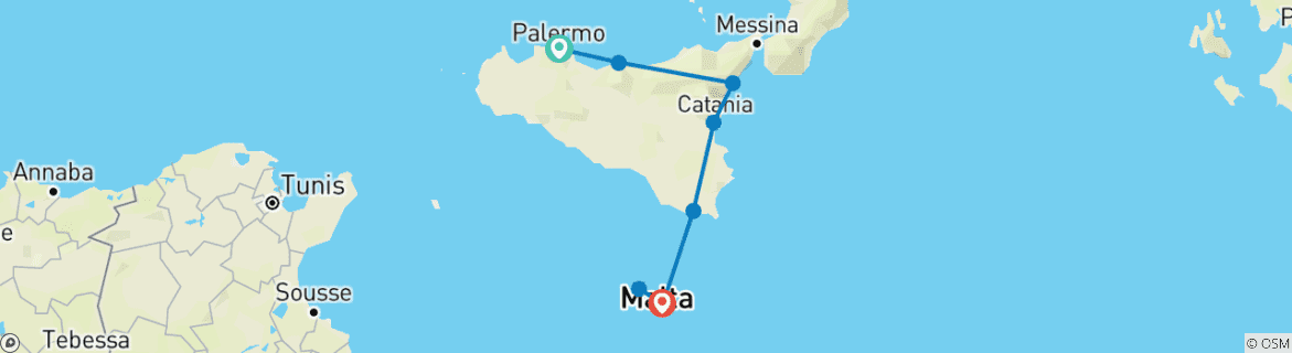 Image of a map showing the route of the tour