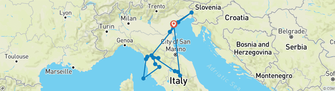 Image of a map showing the route of the tour