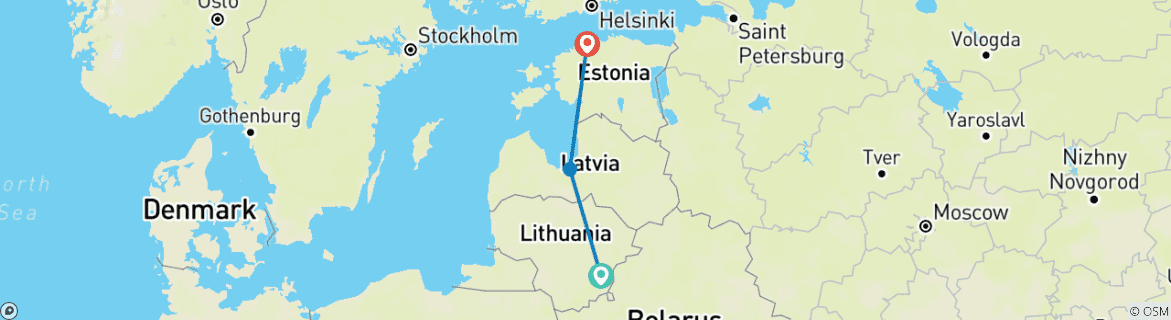 Image of a map showing the route of the tour